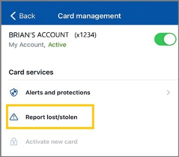 Card Management Lost Stolen screenshot